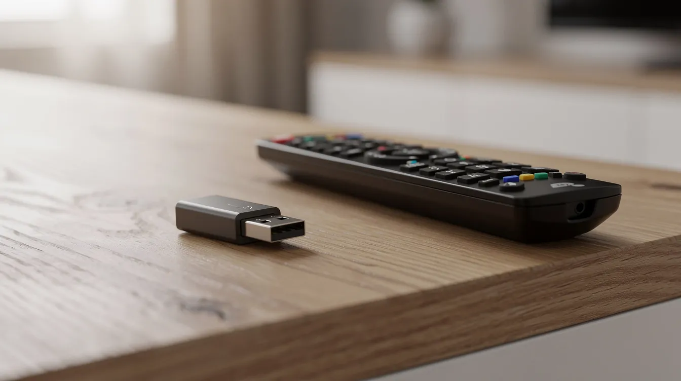 The image shows a USB flash drive placed on a wooden counter next to a television remote, suggesting a setting where digital signage may be utilized for advertising or managing content in public spaces. This scene highlights the connection between devices and the efficient delivery of real-time content to viewers.