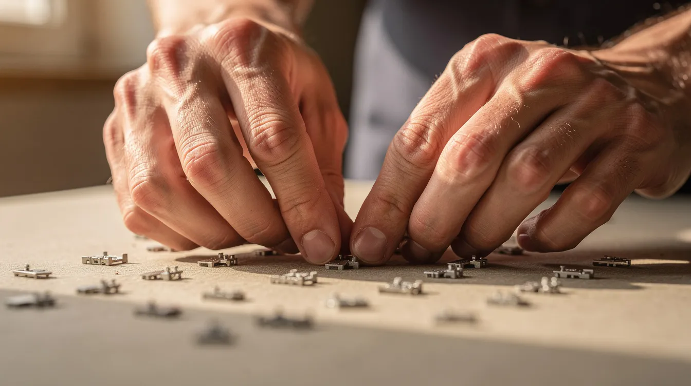 Two hands are meticulously arranging small objects on a surface, illuminated by warm natural light, showcasing the intricacy of detailed manual work. The scene emphasizes the care and precision involved in the arrangement, evoking a sense of focus and creativity.