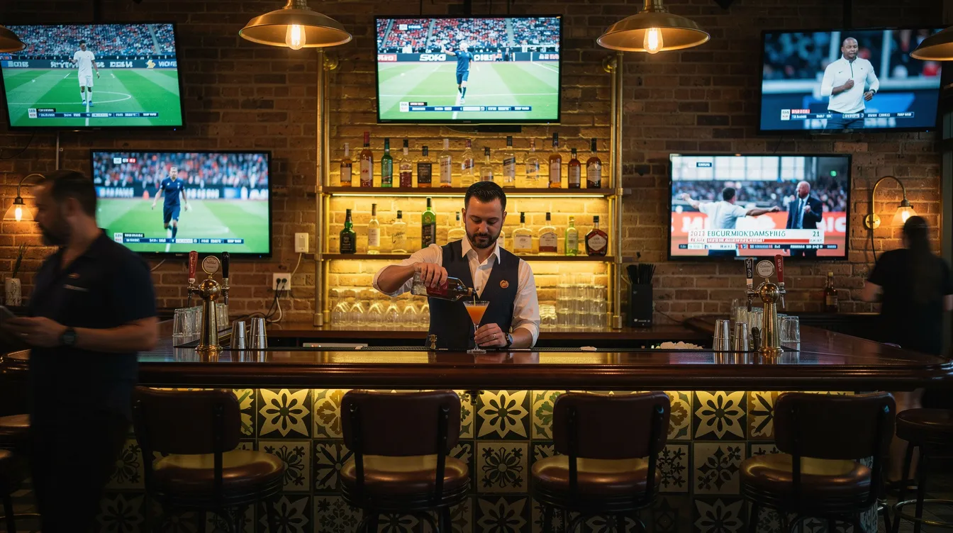 A bartender is skillfully serving drinks at a modern bar adorned with vintage-style decor, while wall-mounted televisions display dynamic content. The scene showcases a blend of traditional and contemporary elements, perfect for enhancing customer engagement through digital signage solutions.