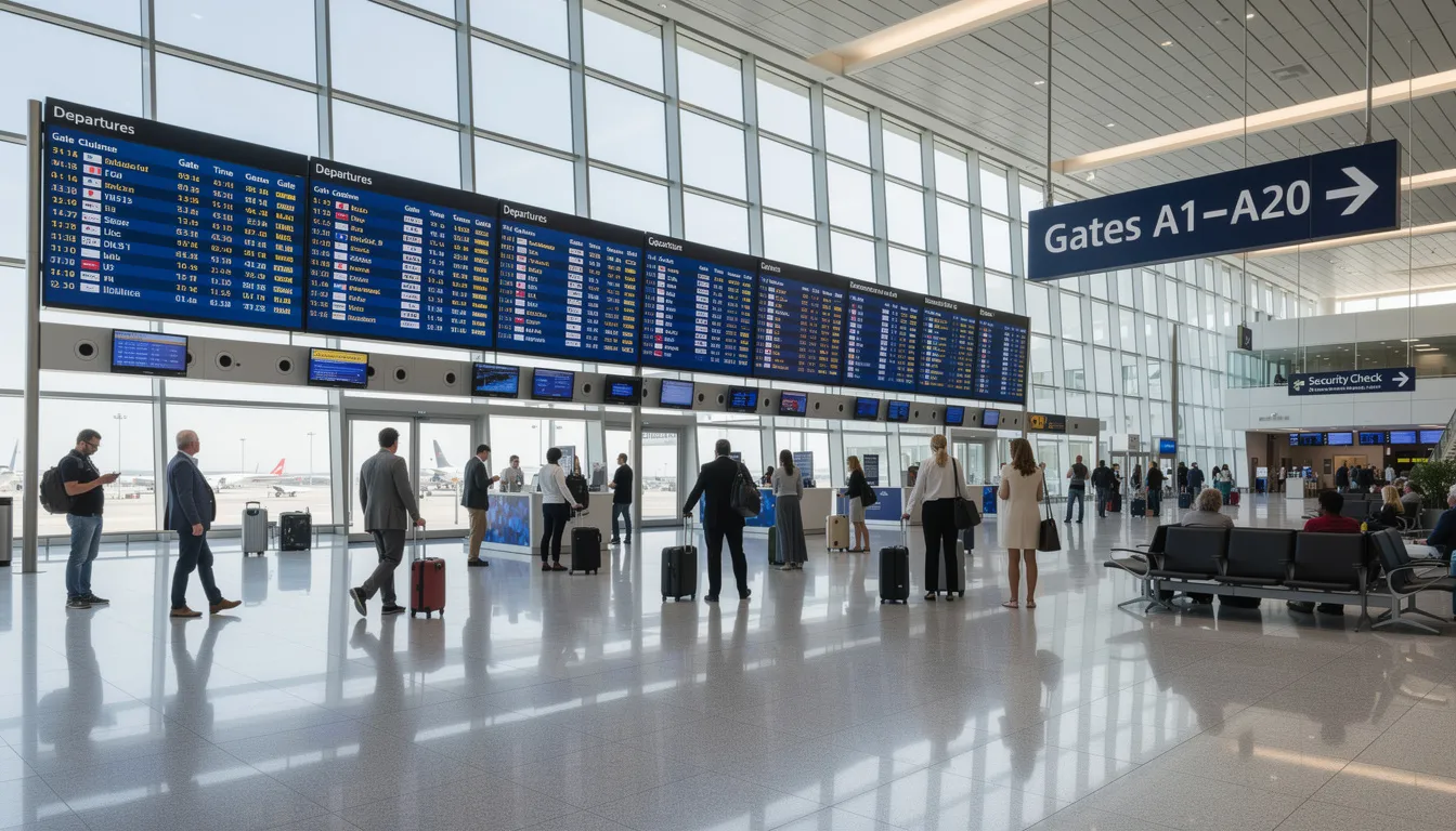 The image shows a modern airport terminal filled with travelers carrying luggage, surrounded by rows of digital departure screens displaying flight information. These flight information display systems (FIDS) provide real-time updates on departing flights, including flight numbers, gate assignments, and boarding times, enhancing the overall passenger experience.