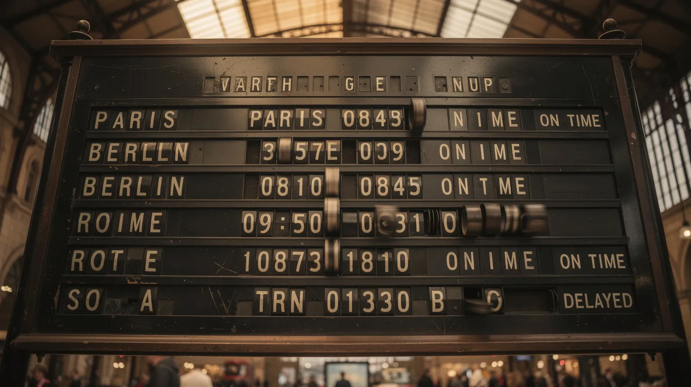 The image features a vintage train station departure board with mechanical flipping tiles, displaying train schedules and destinations. This nostalgic display evokes the charm of public spaces, where viewers can connect with real-time content as they await their journeys.