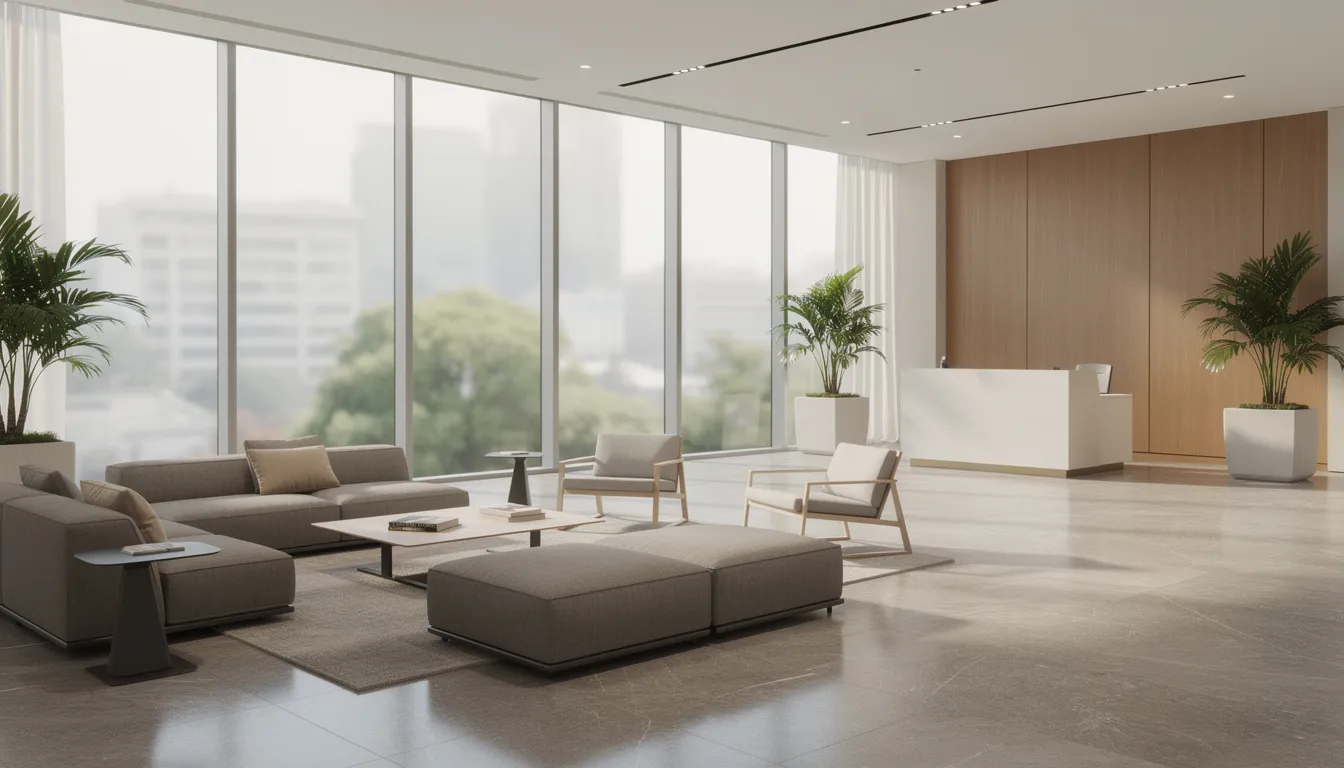 The image depicts a modern corporate lobby featuring comfortable seating arrangements and large windows that allow natural light to fill the space. Digital signage welcome boards and interactive screens are strategically placed to enhance the visitor experience with essential information and personalized greetings.