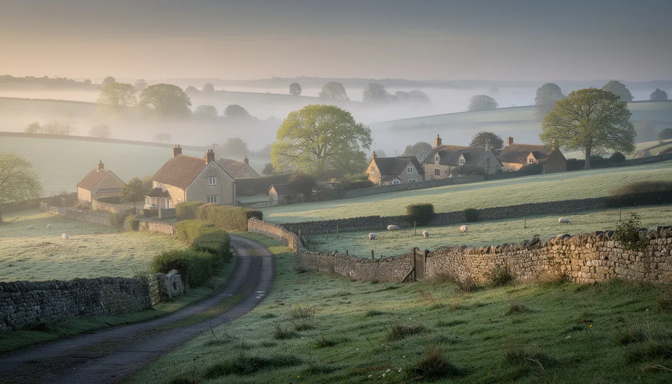 The image depicts a serene rolling countryside typical of the English Cotswolds, featuring charming stone cottages shrouded in morning mist. This picturesque landscape invites guests to explore the tranquil beauty of the area, perfect for those seeking cozy accommodations and a peaceful vacation experience.