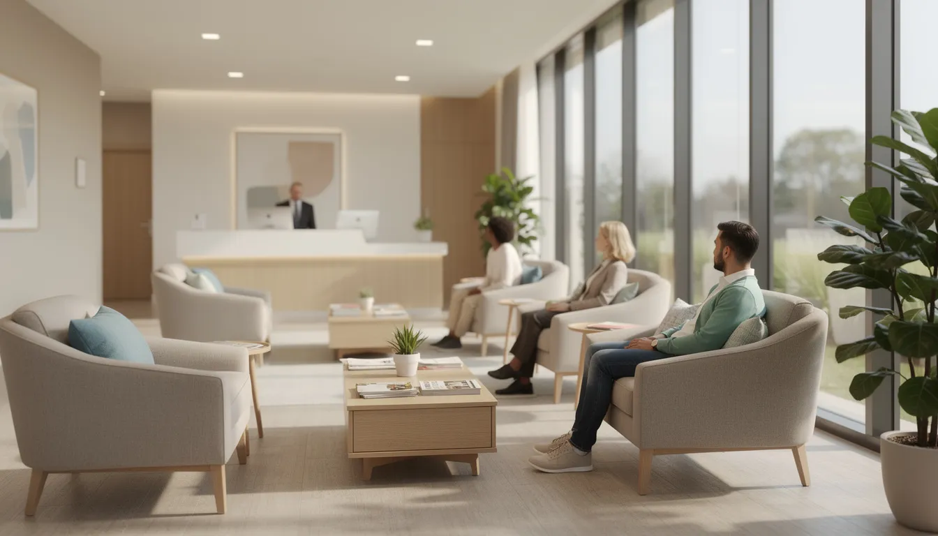 The image depicts a healthcare waiting room featuring comfortable seating arranged to create a welcoming atmosphere, illuminated by natural light. Digital signage displays are strategically placed, providing essential information and a warm welcome message to enhance the visitor experience.
