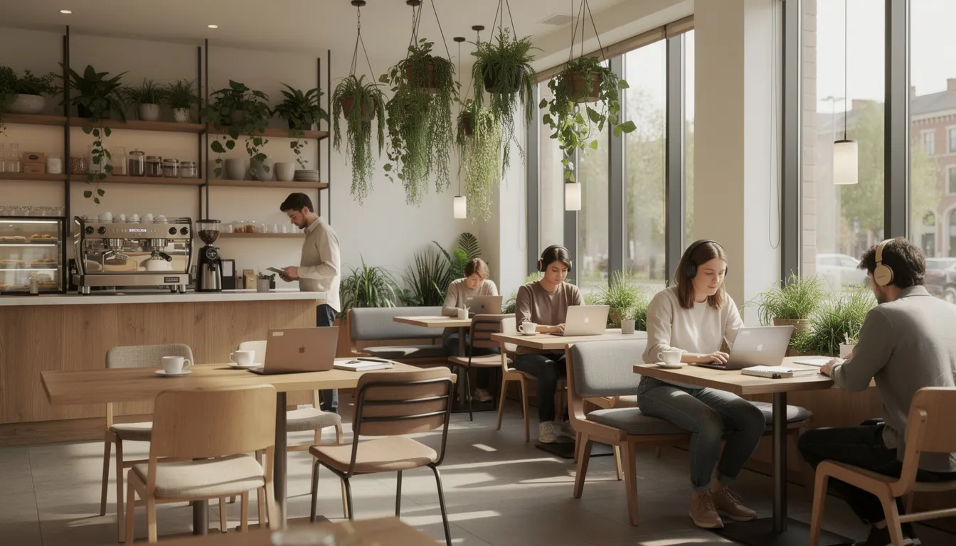 The image depicts a cozy modern cafe filled with natural light, featuring wooden tables and hanging plants, where customers are focused on their laptops. This inviting environment encourages engagement and productivity, making it an ideal spot for locals and visitors alike to enjoy coffee or tea while managing their work.