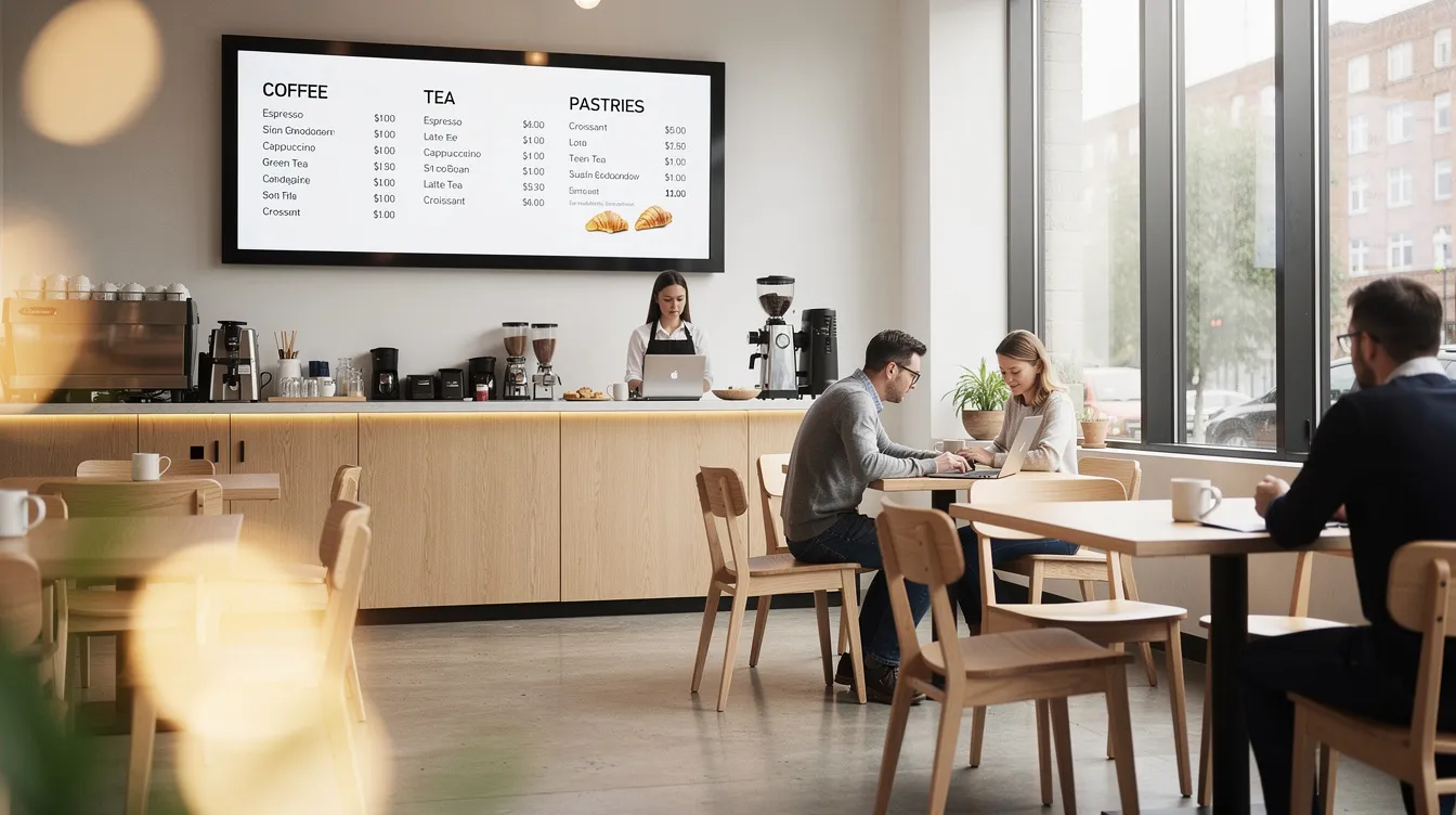 The image depicts the interior of a modern café, featuring a mounted display screen that showcases menu items, enhancing the guest experience with dynamic content. This digital signage solution captures attention and allows the business to effectively communicate with customers in an inviting setting.