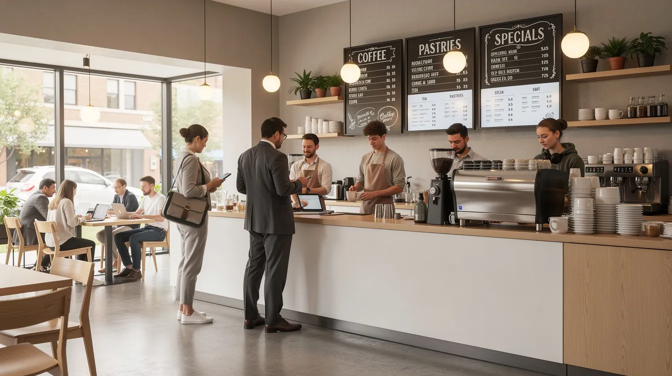 The image depicts a modern café interior featuring customers gathered at the counter, with a stylish menu display on the wall showcasing a range of products and prices. The ambiance is inviting, reflecting a space where people can explore ideas and enjoy their time while sipping coffee.