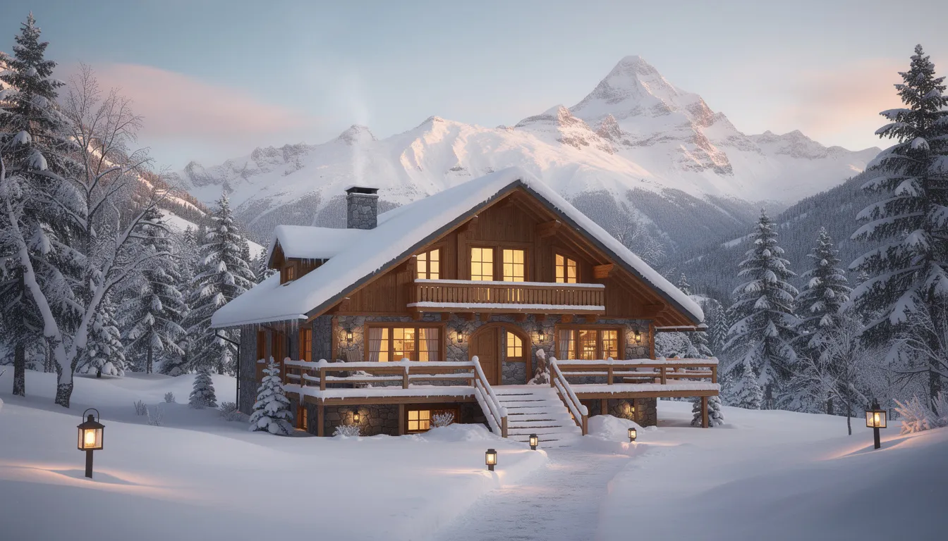 The image features a charming mountain lodge exterior, surrounded by snow-covered peaks, creating a picturesque winter scene. The lodge's modern design blends harmoniously with the natural landscape, inviting visitors to enjoy the serene atmosphere.