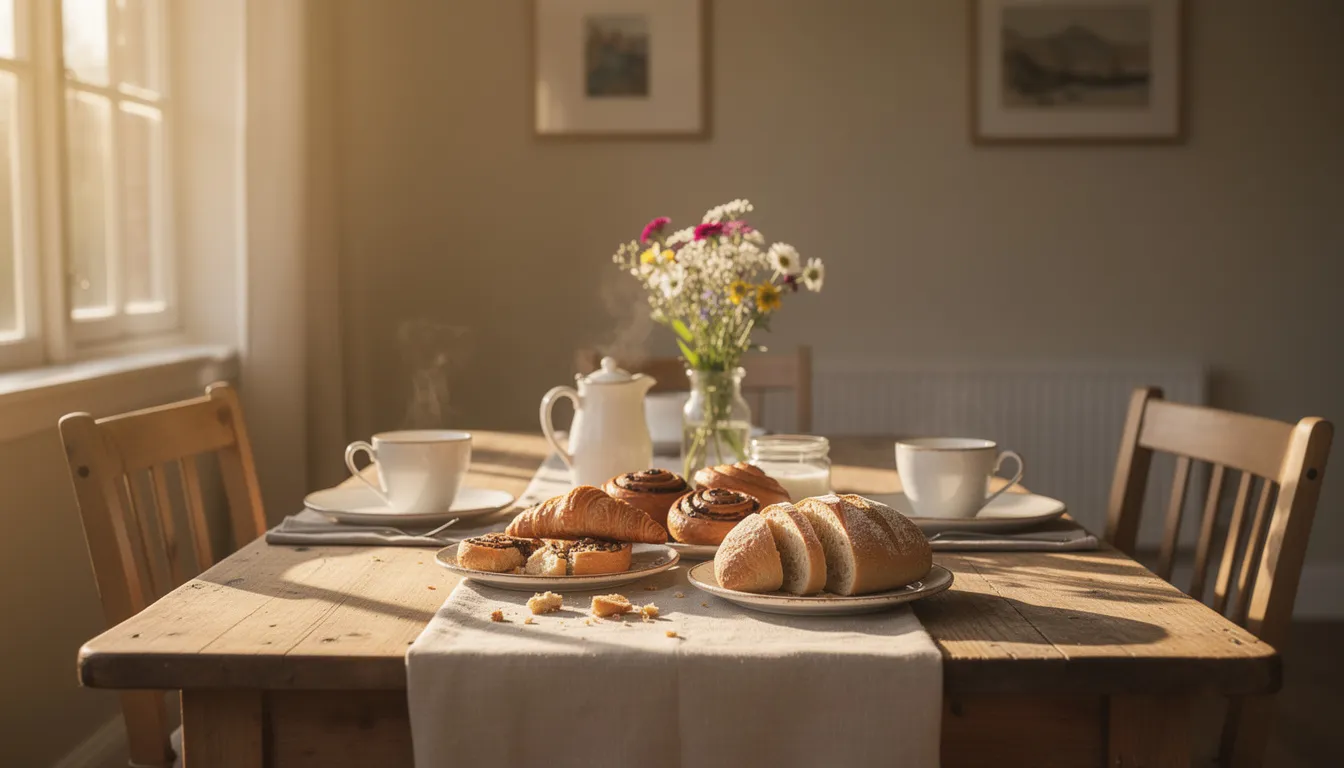 A cozy breakfast room is illuminated by warm morning sunlight streaming through the windows, featuring a wooden table adorned with fresh pastries and steaming coffee cups, creating an inviting atmosphere for guests to enjoy their morning meal in a comfortable setting.