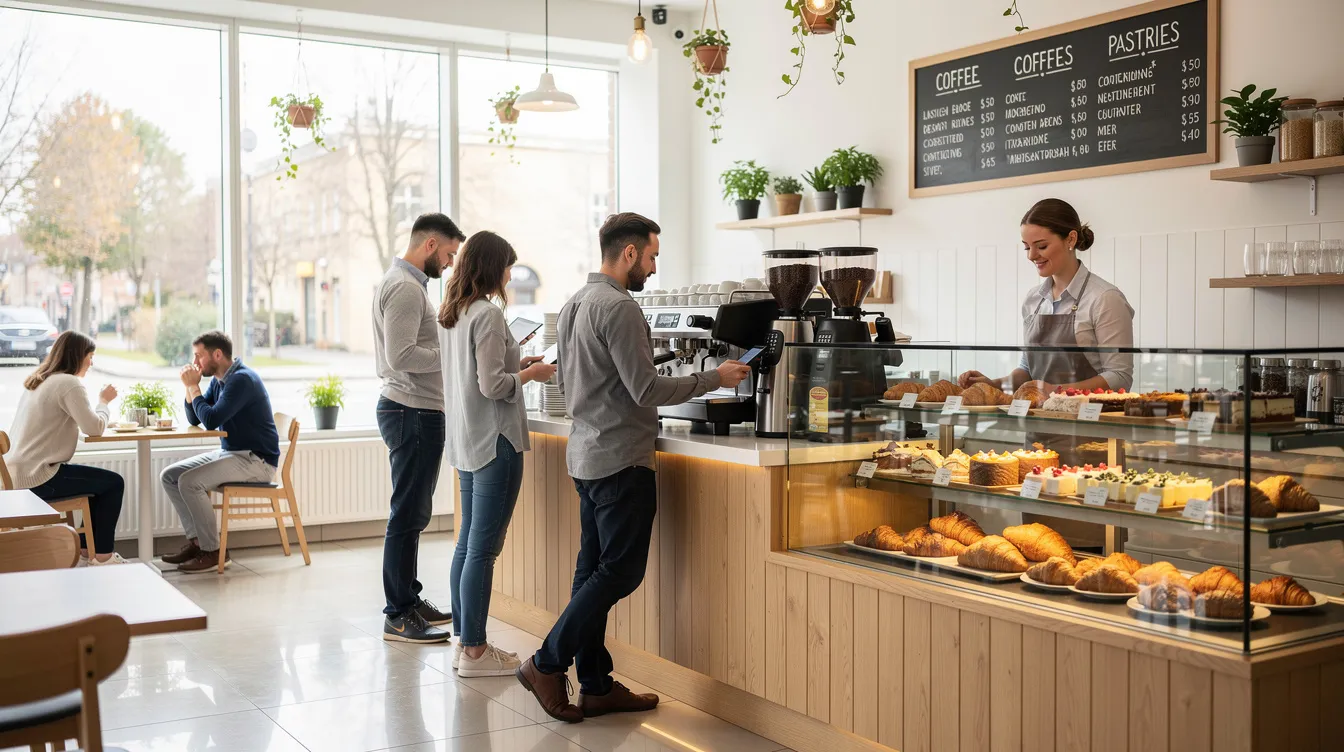 The image depicts the interior of a bright cafe where customers are engaged in ordering at the counter, surrounded by modern decor and a digital menu board displaying various menu items and daily specials. The atmosphere is lively, with patrons exploring the menu options while enjoying the inviting ambiance of the coffee shop.