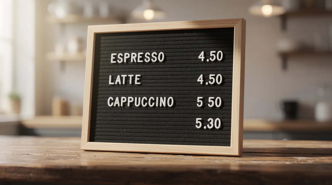 A classic black felt letter board sign is prominently displayed on a wooden counter, showcasing a coffee shop menu made with changeable plastic letters. The board serves as an informative message board, offering customers easy access to the shop's offerings in a stylish and organized manner.