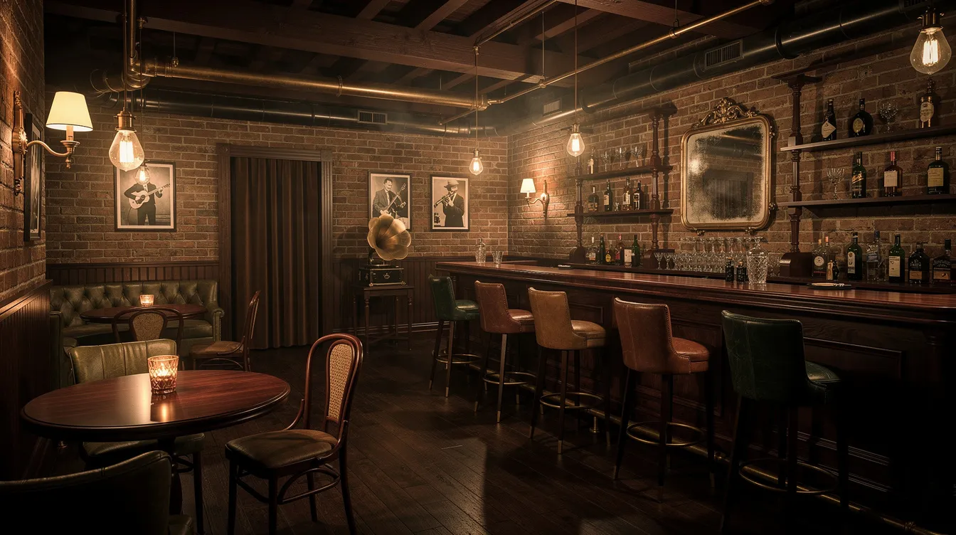The image depicts the cozy interior of a vintage-style speakeasy bar, featuring exposed brick walls and warm, inviting lighting. This ambiance is perfect for enhancing customer engagement, ideally complemented by digital menu boards showcasing menu items and promotions on a seamless digital signage solution.