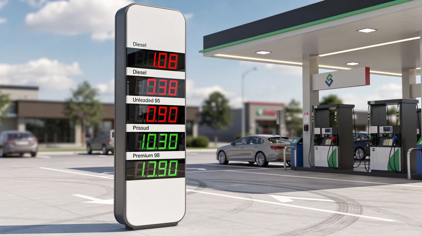 A modern petrol station features a vibrant LED fuel price pylon sign displaying various fuel prices clearly in bright colors, designed to inform customers about their purchasing options. The sign is located prominently to ensure visibility and easy reading during the daytime.