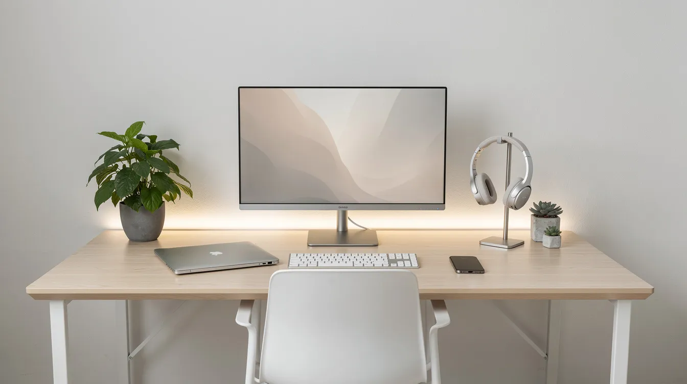 The image showcases a modern workspace with a clean desk setup featuring technology devices, lush green plants, and a minimalist design aesthetic. A stylish letter board is displayed prominently, adding a customizable touch to the interior design and serving as a focal point for messages and ideas.