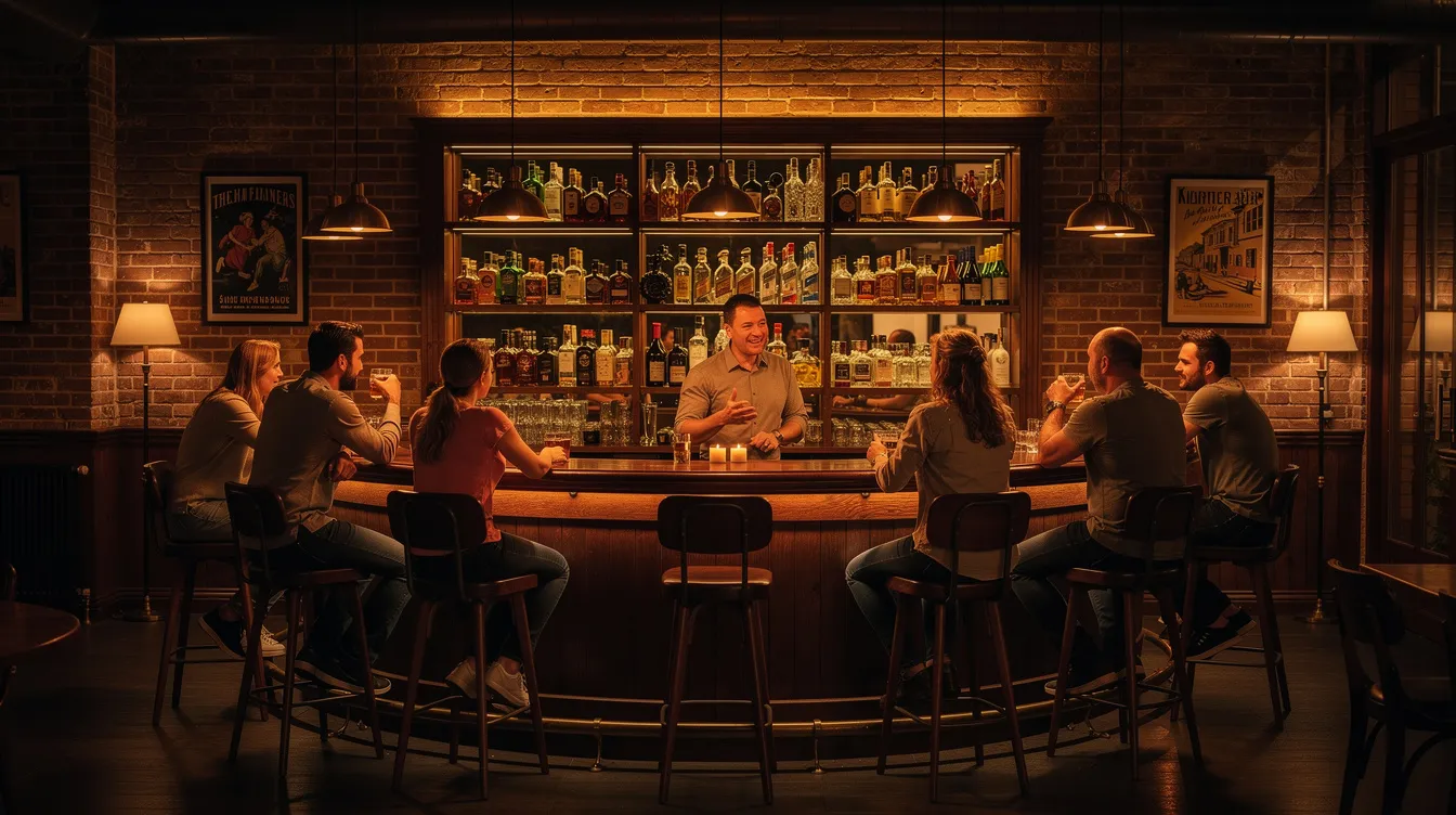 The image depicts a cozy bar interior illuminated by warm ambient lighting, with several customers engaging at the counter. Digital signage featuring menus and advertisements is visible on screens, enhancing the inviting atmosphere of this social environment.