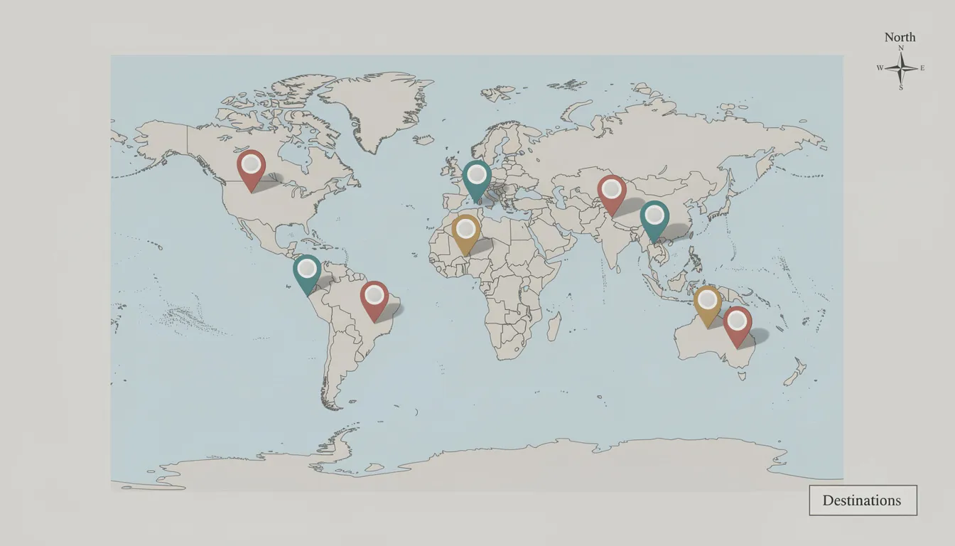 The image features a modern minimalist world map adorned with various pins marking popular destinations, including Bali, Paris, and Costa Rica, inviting viewers to explore diverse cultures and adventures. This design embodies the spirit of travel and hospitality, connecting guests to a global network of experiences.
