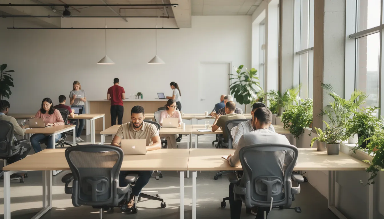 The image depicts a bright and spacious coworking area featuring large windows and wooden desks, where several people are engaged in work on their laptops. This inviting environment promotes collaboration and creativity, making it an ideal setting for professionals and businesses to connect and thrive.
