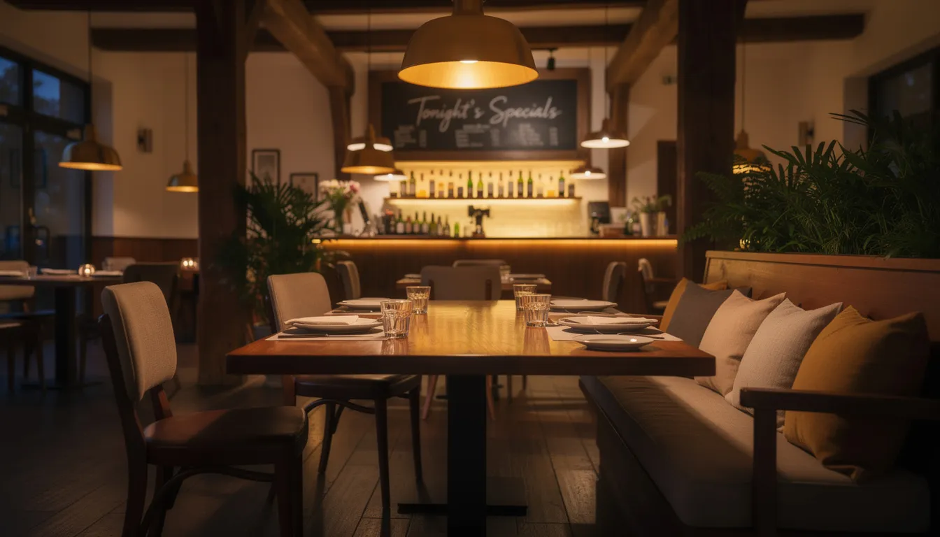The image depicts a cozy restaurant interior featuring warm lighting and wooden tables, creating an inviting atmosphere for customers. The space is designed to enhance the guest experience, making it an ideal location for enjoying delicious food and engaging with dynamic content displayed on digital signage.
