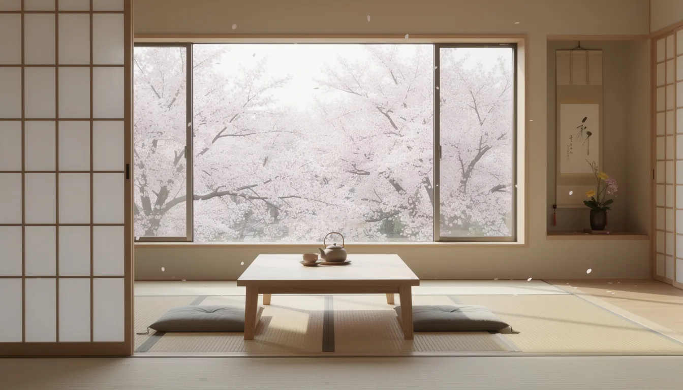 The image showcases cherry blossom trees in full bloom, viewed through a large window that frames a serene minimalist Japanese interior. The setting reflects a peaceful atmosphere, inviting guests to connect with nature while enjoying the beauty of this cultural landscape.