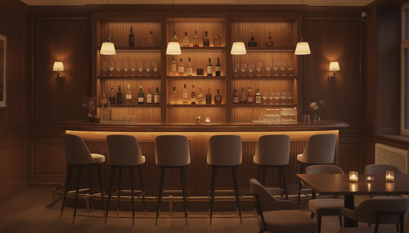 The image depicts a cozy boutique hotel bar area featuring warm wood tones and soft ambient lighting, creating an inviting atmosphere for guests to relax and enjoy their evening. Stylish seating and a modern design enhance the guest experience, making it a perfect spot for socializing and unwinding.