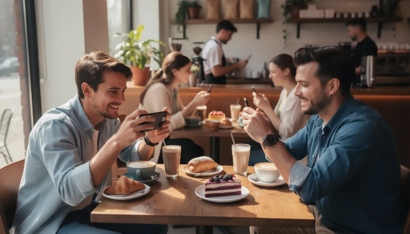 In a bustling cafe, a group of people are capturing photos of their beautifully crafted coffee drinks and delicious pastries using their phones. The warm atmosphere is enhanced by the presence of digital displays showcasing menus and dynamic content, creating an engaging experience for both customers and visitors alike.