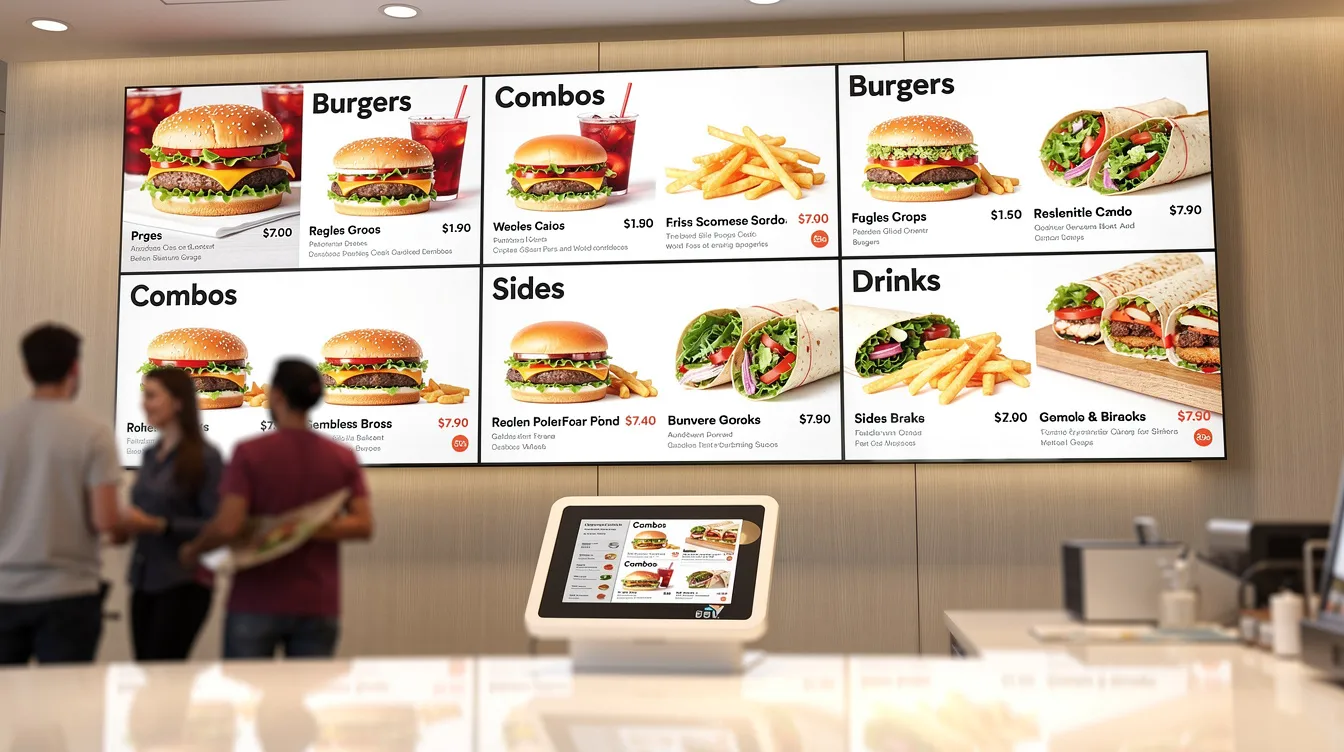 A modern digital menu board is prominently displayed in a quick-service restaurant, showcasing a variety of food items along with their prices. The board features colorful graphics and clear text, making it easy for customers to read and choose their desired products.
