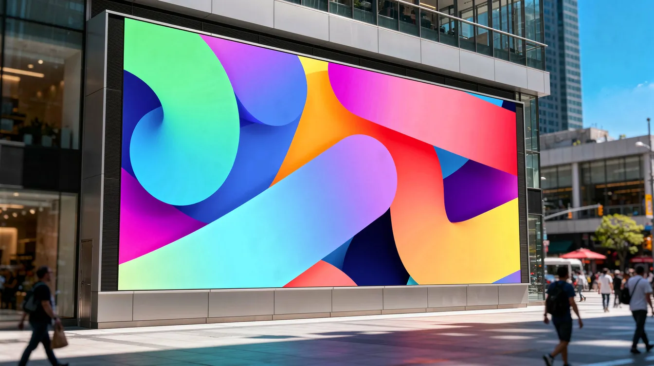 The image features an outdoor digital display screen showcasing a vibrant food truck menu board, designed for optimal visibility in direct sunlight. The bright content highlights various food items, prices, and payment methods, attracting the attention of potential customers.