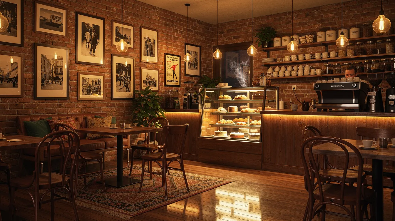 The image depicts a cozy café interior featuring vintage-style décor with warm lighting, exposed brick walls, and wooden furniture, creating an inviting atmosphere. A charming changeable letter board sign can be seen, adding a personal touch to the space with customizable messages for guests.
