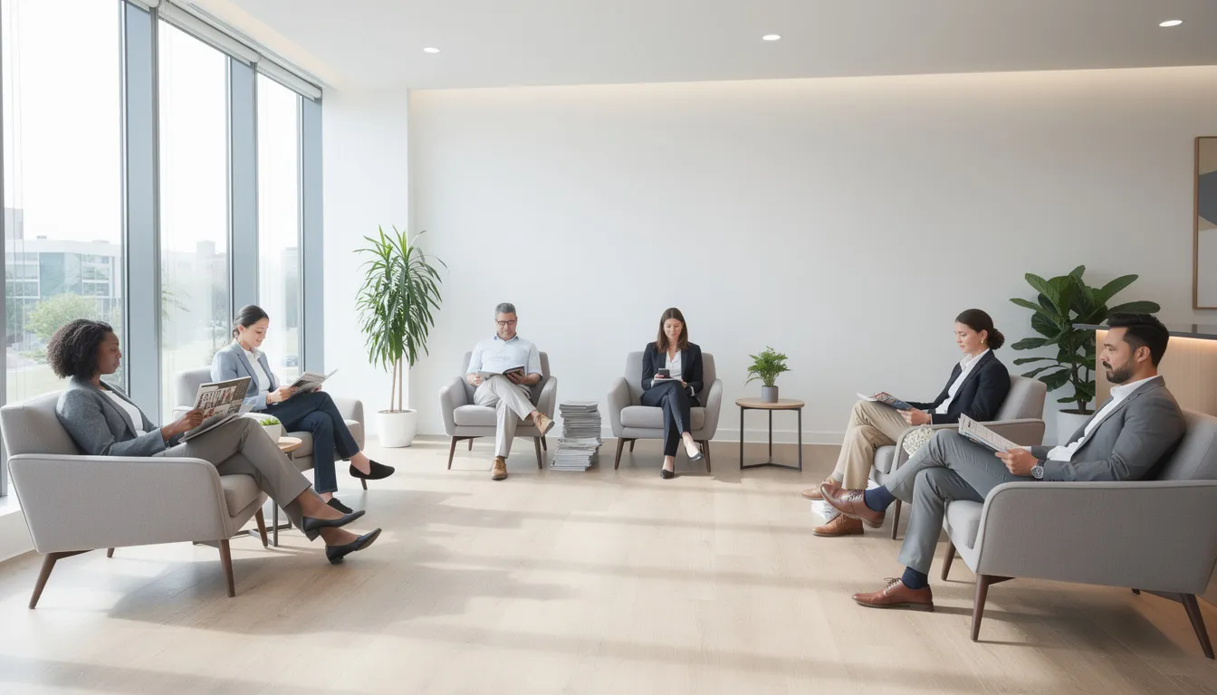 The image depicts a bright waiting area where people are comfortably seated in soft chairs, creating a welcoming atmosphere. Digital signage welcome boards and interactive screens provide essential information and updates, enhancing the guest experience in this inviting space.