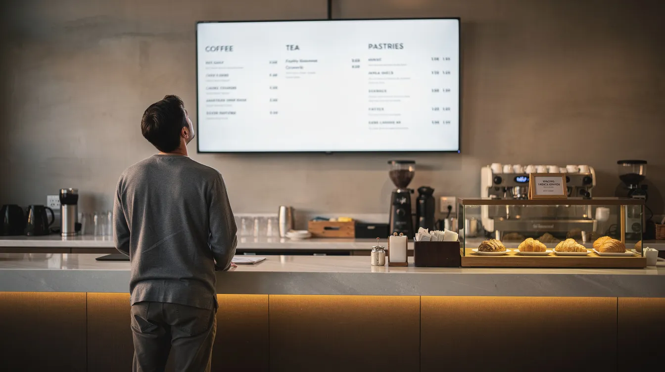 A person stands at a café counter, gazing at a wall-mounted TV menu displaying dynamic digital content. The digital signage system provides an intuitive interface for customers to explore the menu options from a distance.