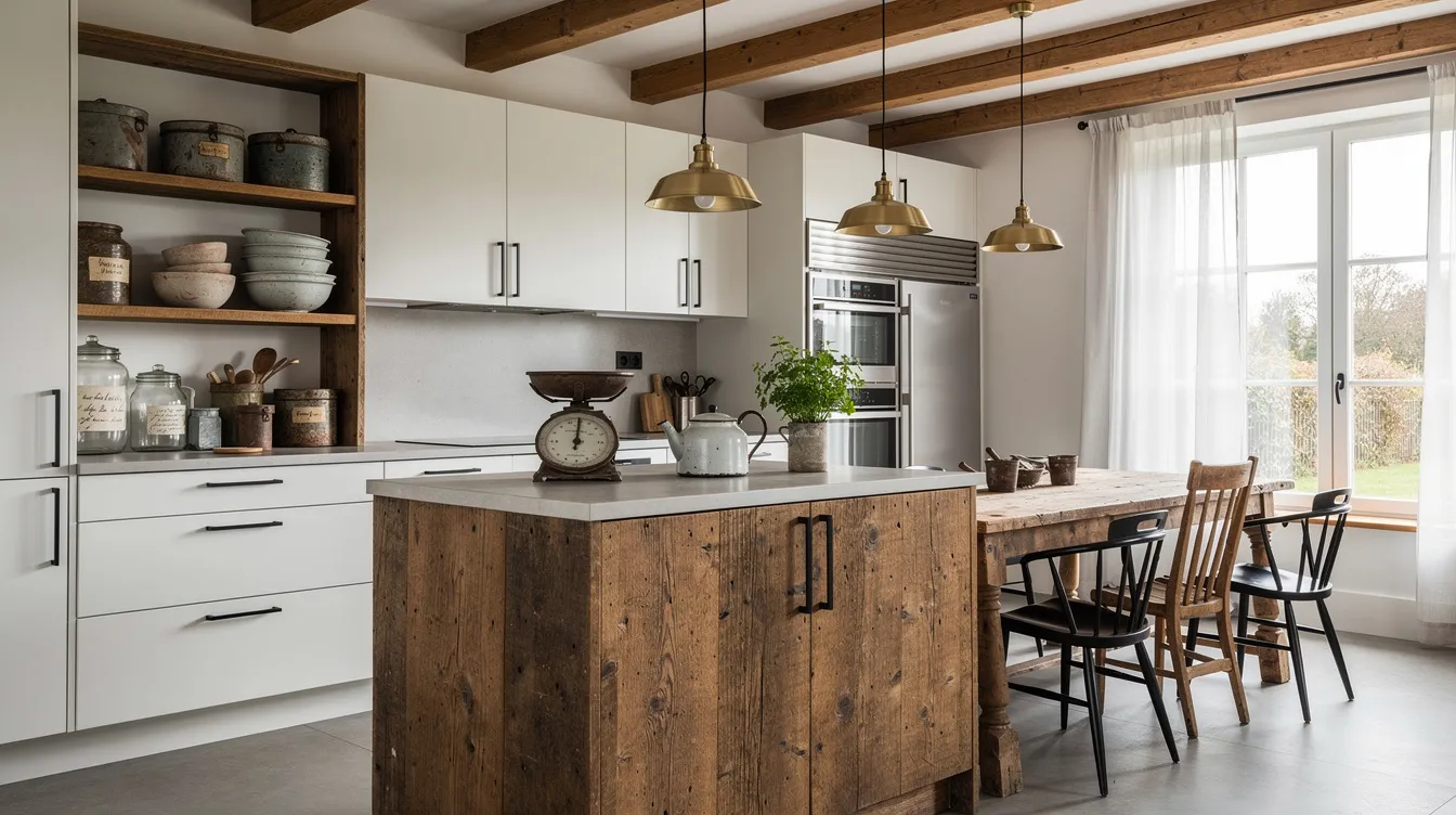 The image features a modern kitchen interior that beautifully blends rustic wooden elements with vintage decorative objects, including an antique menu board displaying prices. The warm wood tones and charming vintage accents create a cozy and inviting atmosphere.
