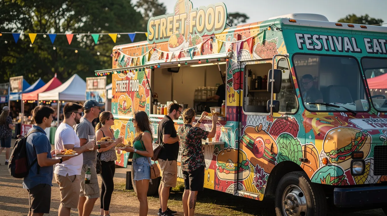 A vibrant food truck is serving customers at an outdoor festival, featuring colorful exterior signage and digital menu boards that showcase the available items and prices. The scene captures the lively atmosphere as people gather to order and enjoy their meals in the direct sunlight.