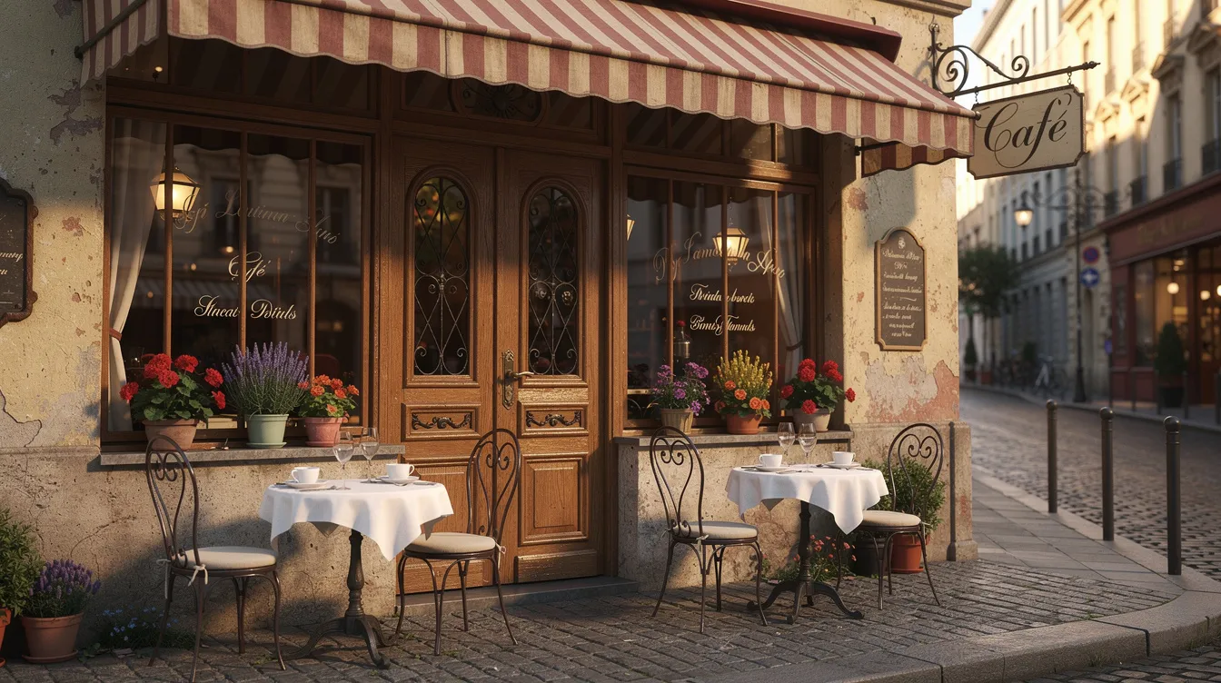 The image depicts a charming vintage European café exterior featuring outdoor seating adorned with small tables and chairs, complemented by a traditional menu board displaying prices and offerings. The inviting atmosphere is enhanced by the café's rustic signage, creating a picturesque scene.