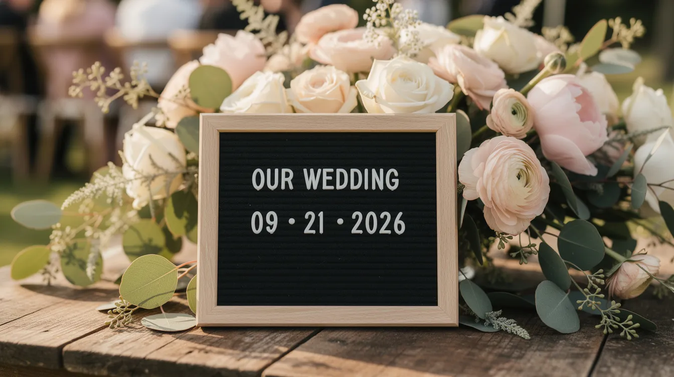 A small felt letter board sign displays a wedding date surrounded by vibrant flowers at an outdoor ceremony, creating a charming and romantic atmosphere. The changeable letters are neatly arranged, adding a personal touch to the celebration.