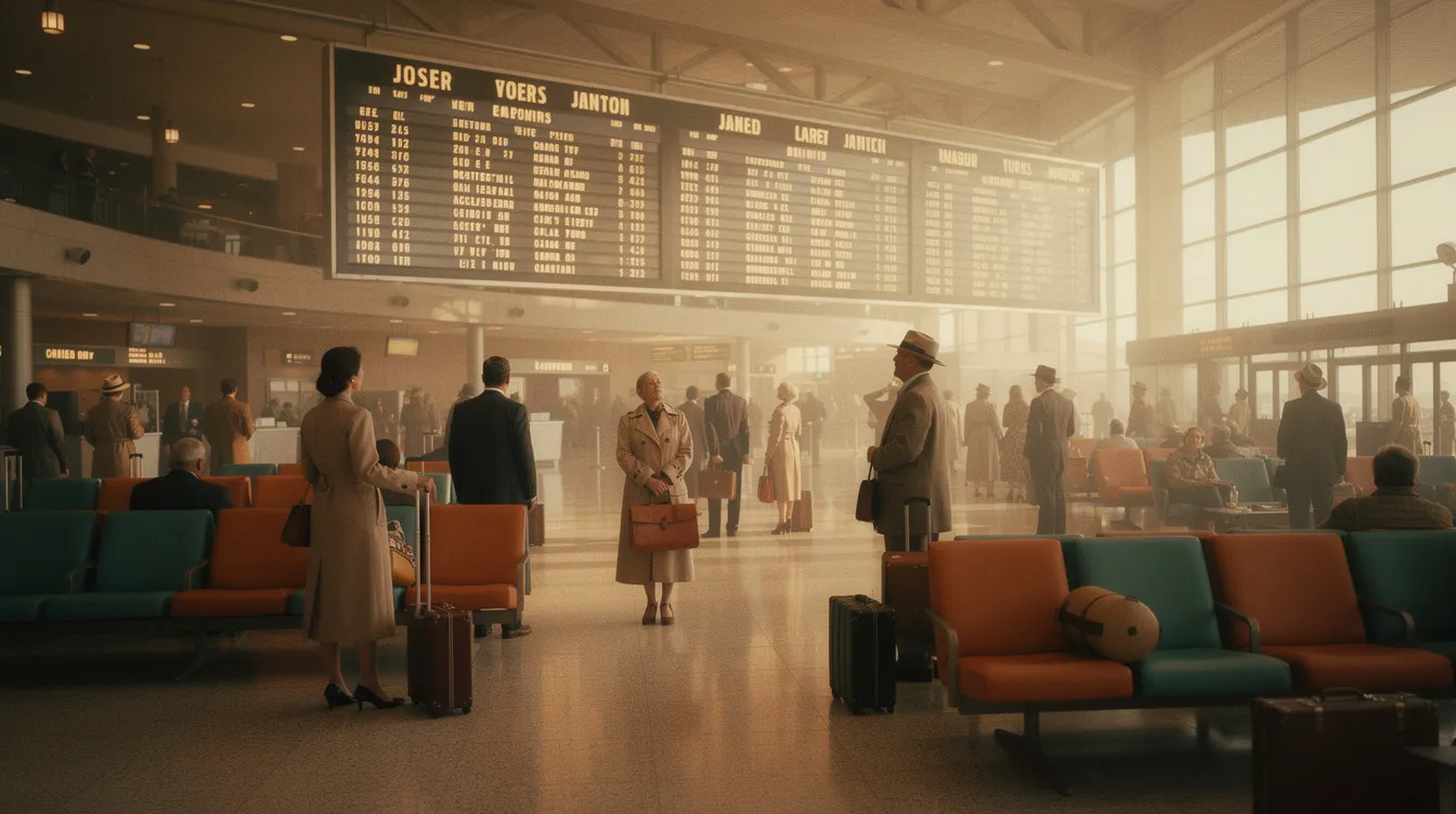 A vintage airport terminal bustling with air travelers, who are intently gazing at large LED screens displaying real-time flight status and information. The concourse is filled with passengers moving about, creating a lively atmosphere in this historic setting.