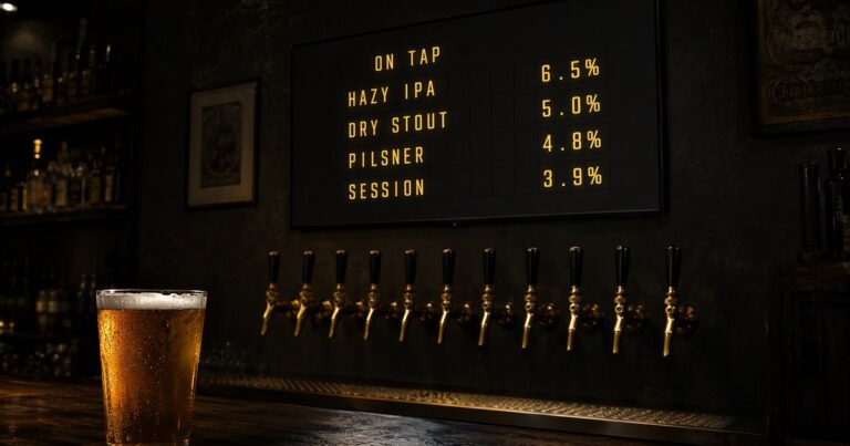 A split-flap tap list on a TV above the bar in a craft brewery taproom