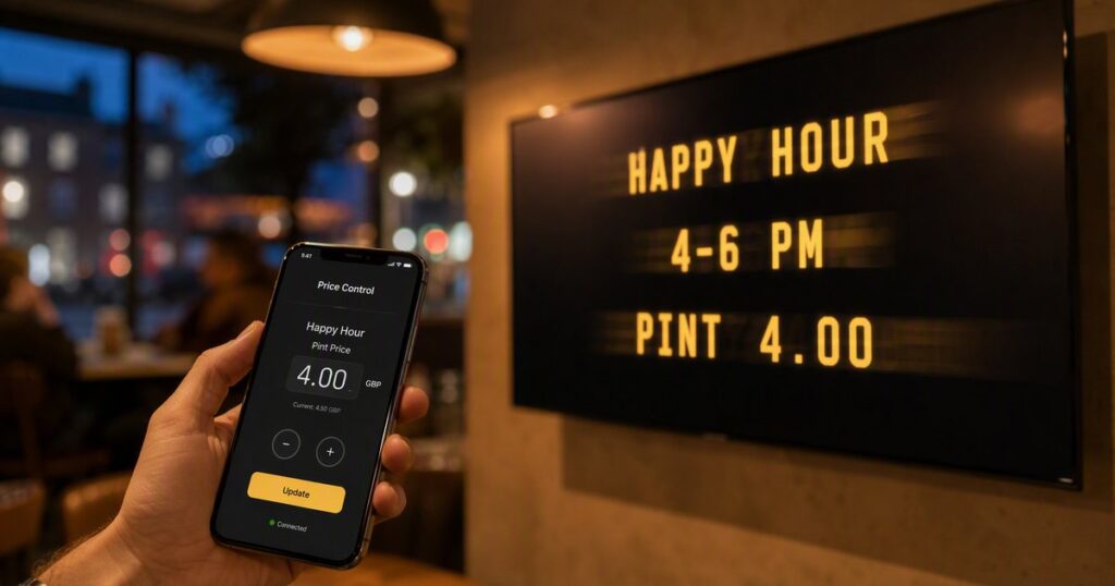 A phone updating a happy-hour price as a TV split-flap board flips to match