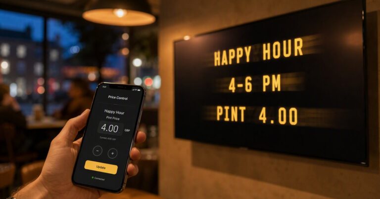 A phone updating a happy-hour price as a TV split-flap board flips to match