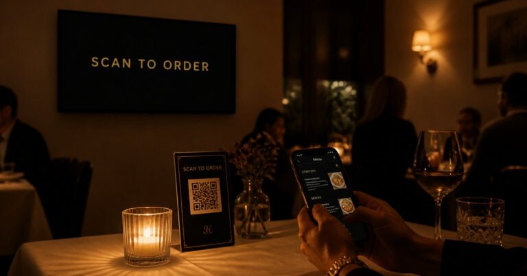 A customer scanning a QR code menu with a split-flap board on the TV behind