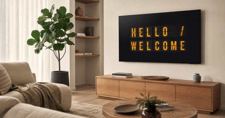 A TV showing a split-flap message board as a Vestaboard alternative in a living room