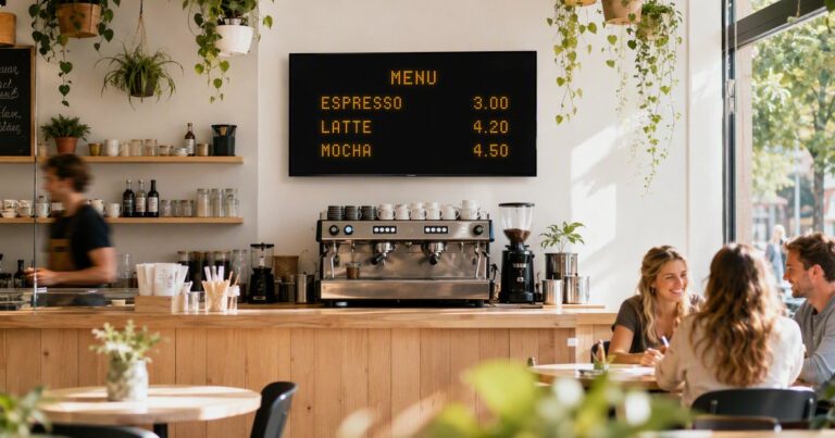 A split-flap coffee shop menu board on a TV above the espresso machine