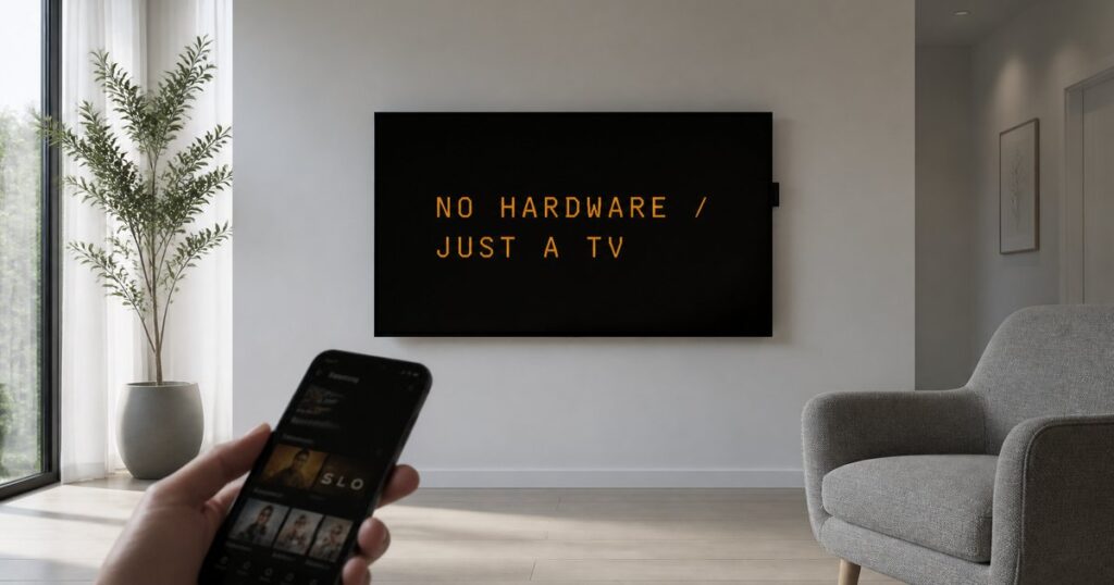 A split-flap board running on an ordinary wall-mounted TV, no special hardware