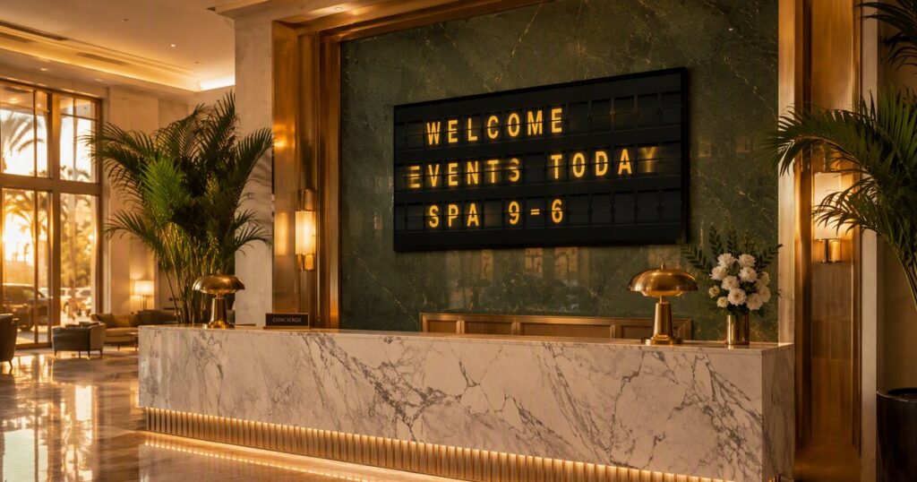 A split-flap welcome board on a TV in a boutique hotel lobby