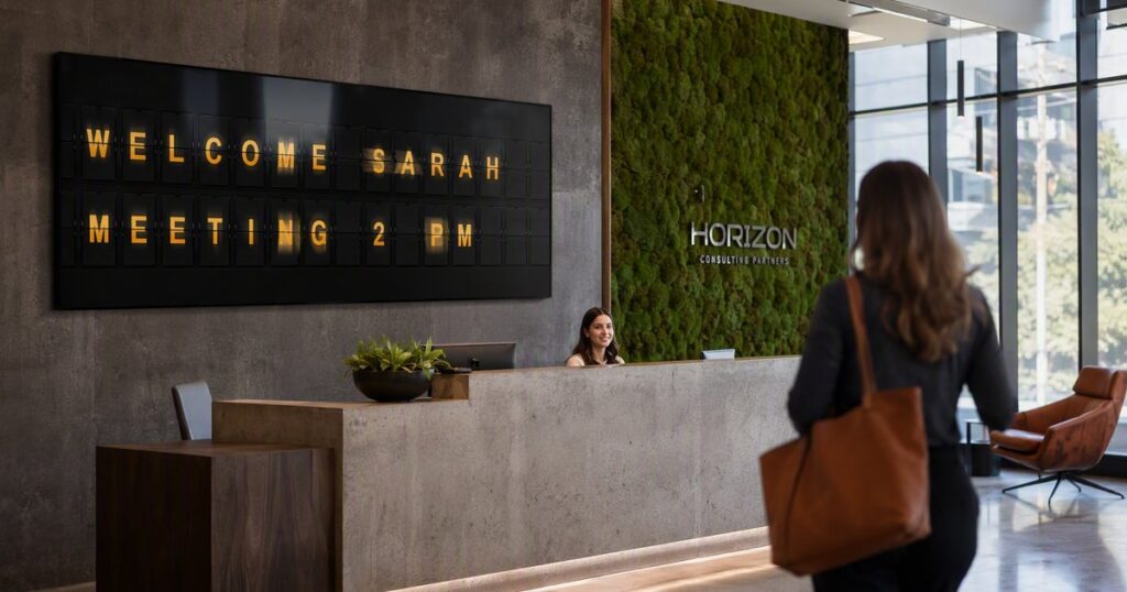 A split-flap welcome board on a TV in a modern office reception