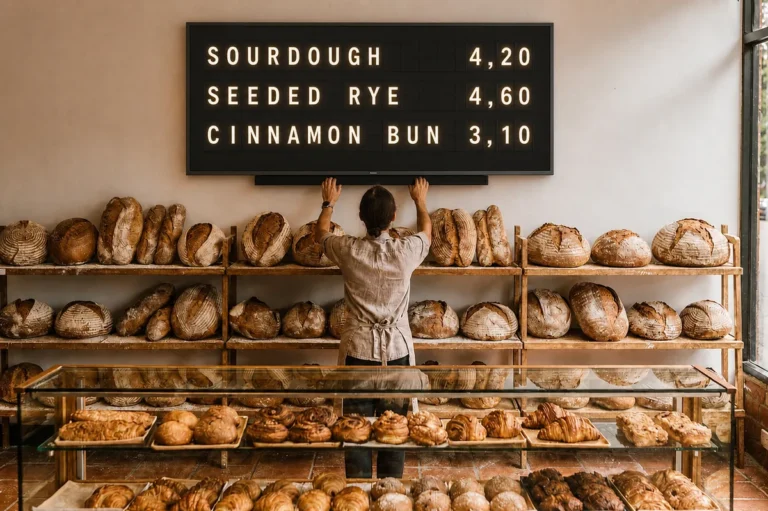 A television above a bakery counter showing a split-flap style bread menu, with a member of staff below it for scale.