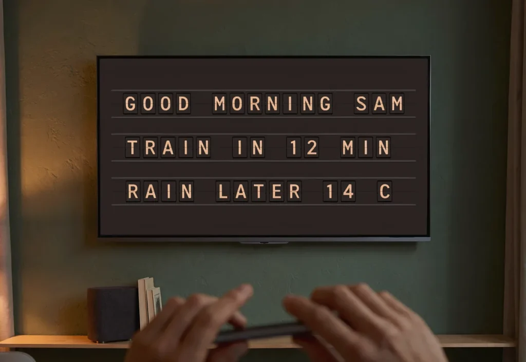 A phone held in the foreground of a living room with a television showing a split-flap style morning board.