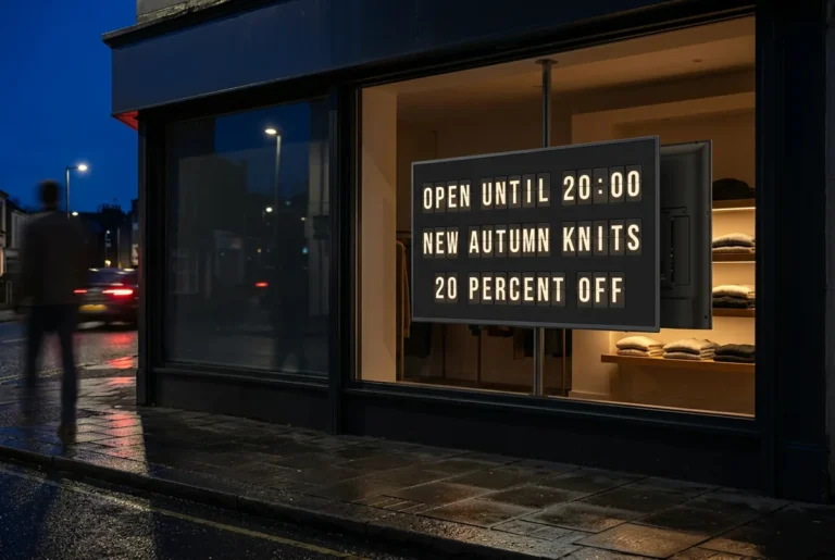 A boutique shop window at night with a television showing a split-flap style board of opening hours and offers.