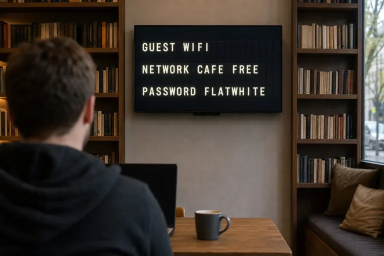A television in a bookshop cafe nook showing a split-flap style board with the guest wifi network and password.