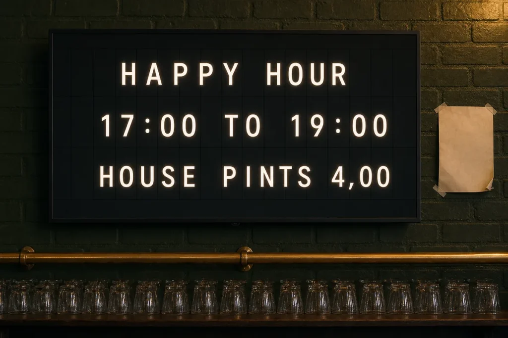 A bar wall with a television showing a split-flap style happy hour board beside a blank curling paper notice.