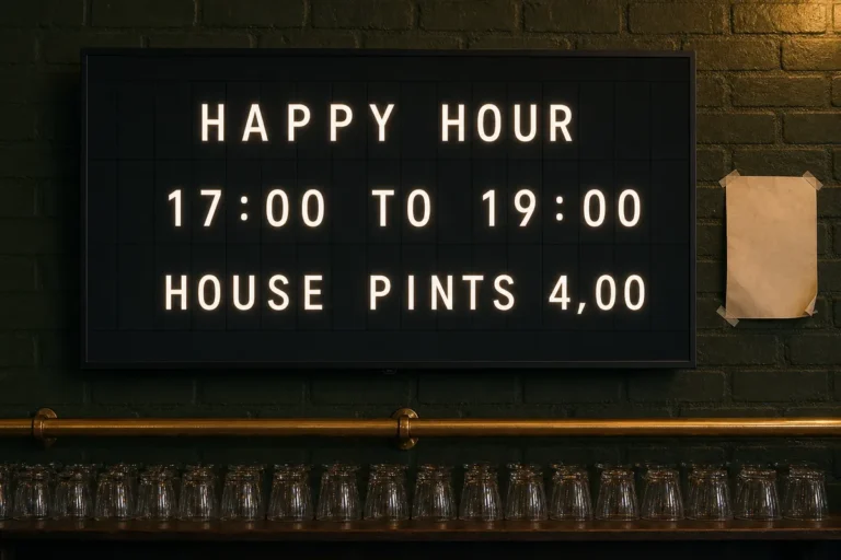 A bar wall with a television showing a split-flap style happy hour board beside a blank curling paper notice.